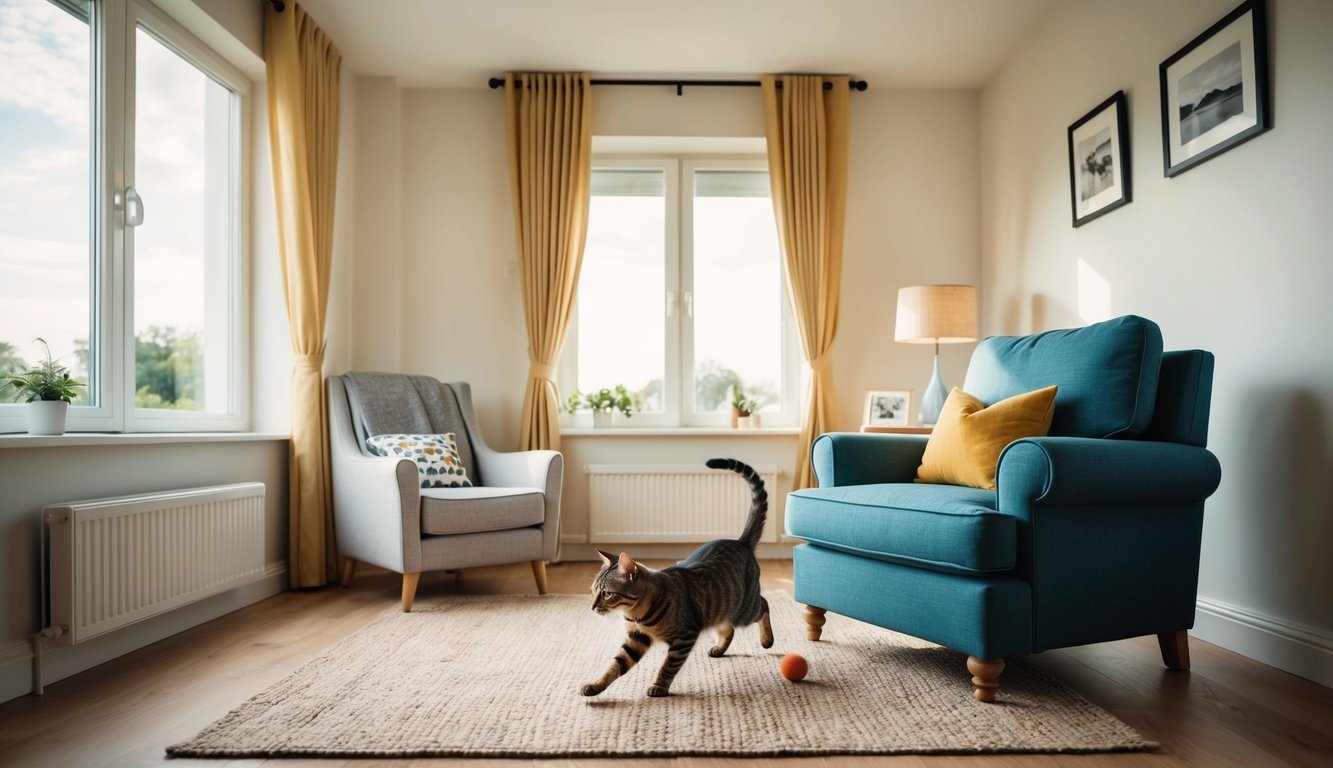 Ein gemütliches Wohnzimmer mit einem sonnigen Fenster, einem bequemen Sessel und einer verspielten Katze, die einem Spielzeug nachjagt.