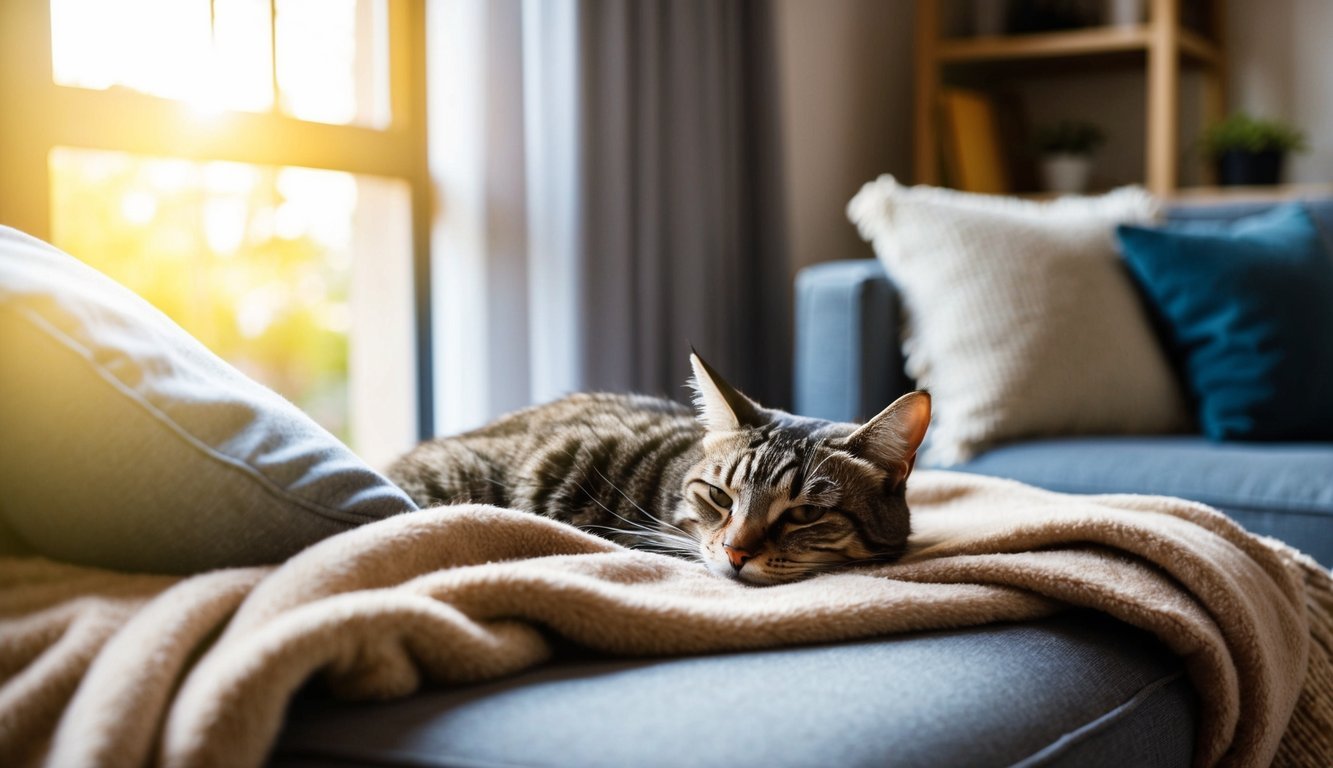 Ein gemütliches Wohnzimmer mit einer Katze, die sich auf einer weichen Decke zusammenrollt und sich in dem warmen Sonnenlicht sonnt, das durch das Fenster strömt.