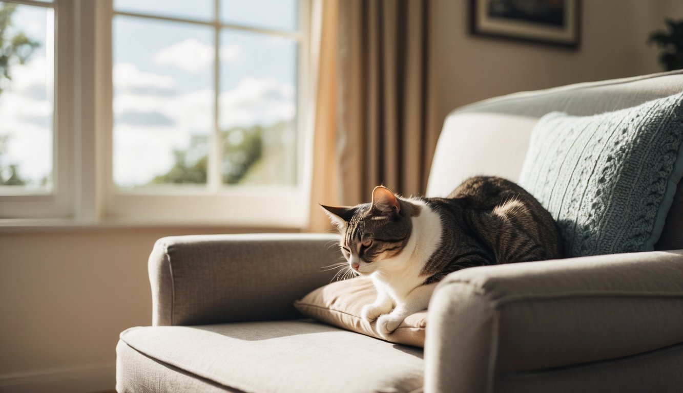 Ein gemütliches Wohnzimmer mit einem sonnenbeschienenen Fenster, einem bequemen Sessel und einer zufriedenen Katze, die auf einem Kissen schnurrt.