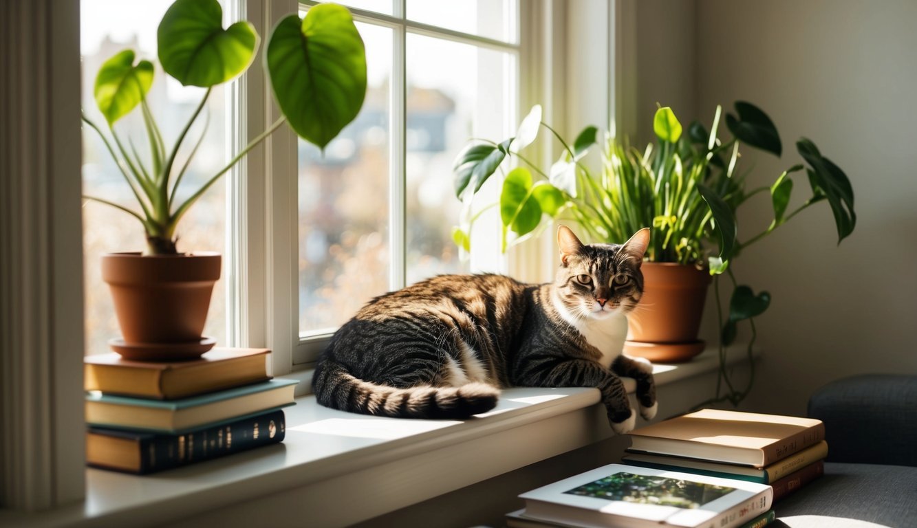 Ein gemütliches Wohnzimmer mit einer Katze, die auf einer sonnendurchfluteten Fensterbank faulenzt, umgeben von Büchern und Pflanzen.