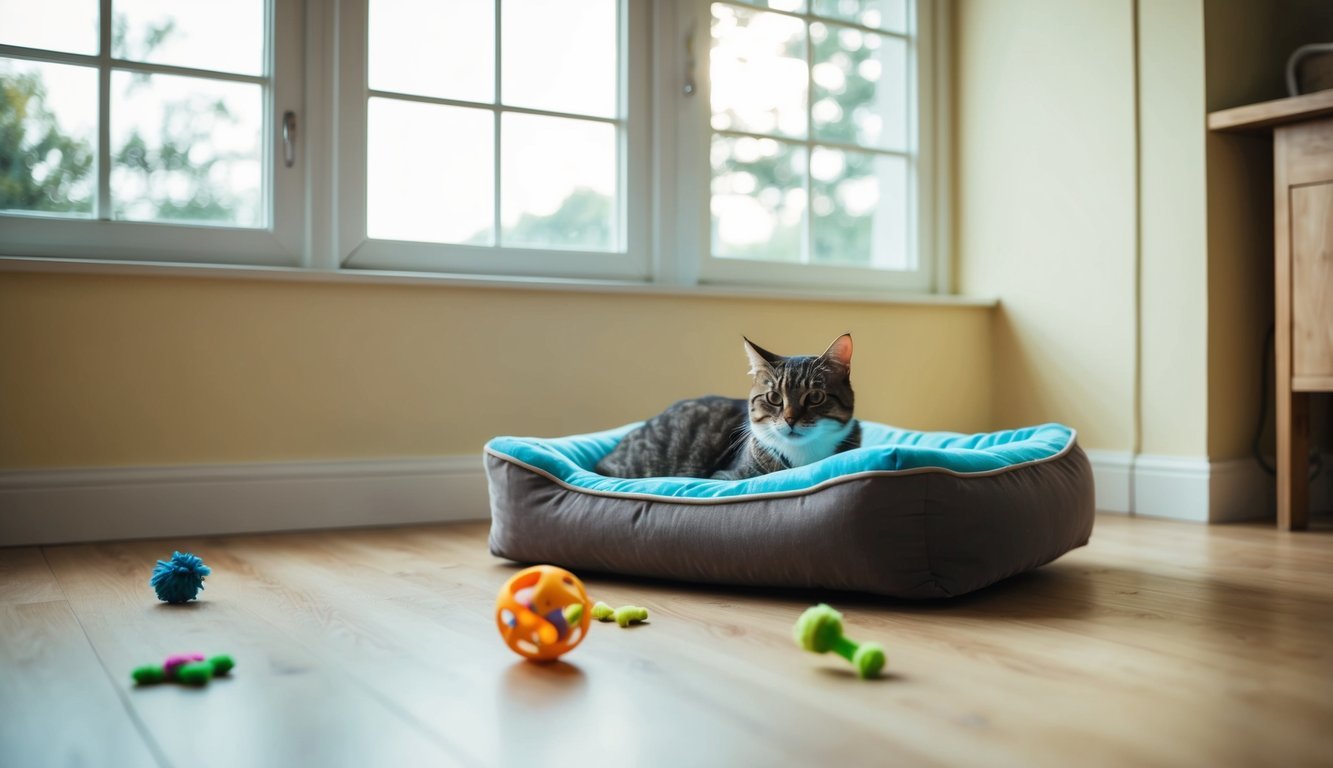 Ein gemütliches Wohnzimmer mit einem sonnigen Fenster, einem bequemen Katzenbett und einem verspielten Katzenspielzeug, das auf dem Boden verstreut ist.