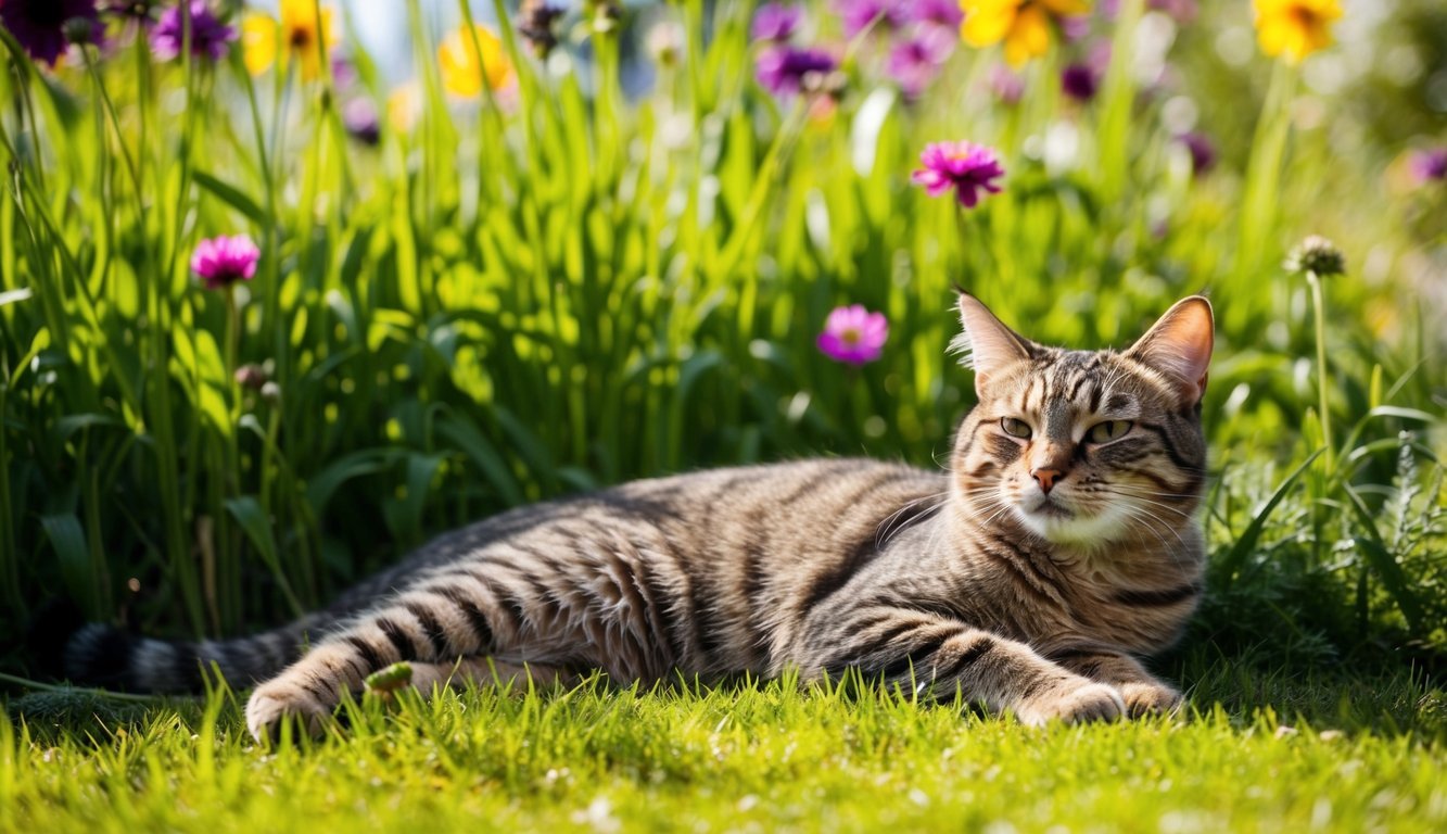 Eine Katze, die in einem sonnigen Garten faulenzt, umgeben von hohem Gras und Blumen, mit einem zufriedenen Ausdruck im Gesicht.