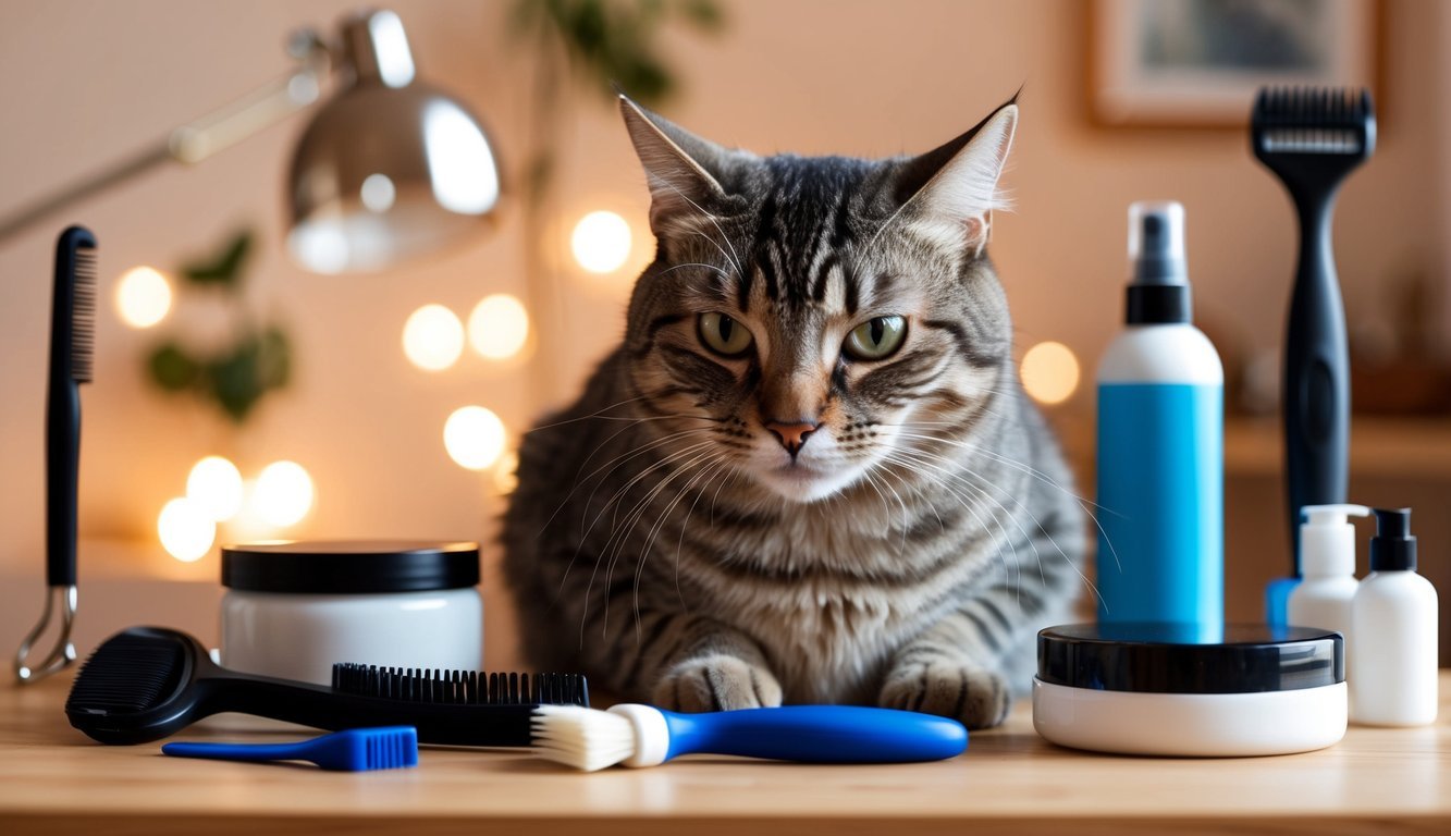 Eine Katze, die sich in einem gemütlichen Zuhause pflegt, umgeben von verschiedenen Pflegewerkzeugen und -produkten.