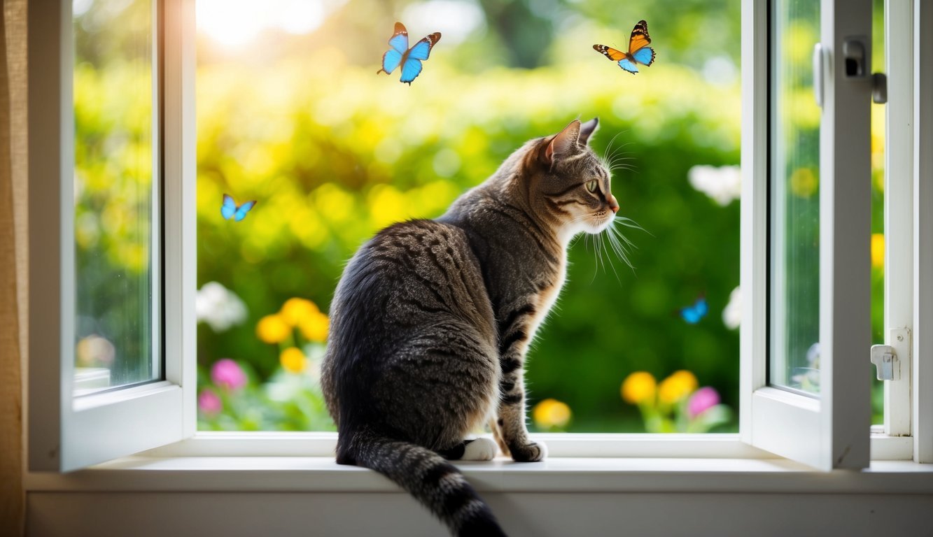 Eine Katze sitzt auf einer Fensterbank und schaut auf einen sonnigen Garten, in dem Vögel und Schmetterlinge umherflattern.